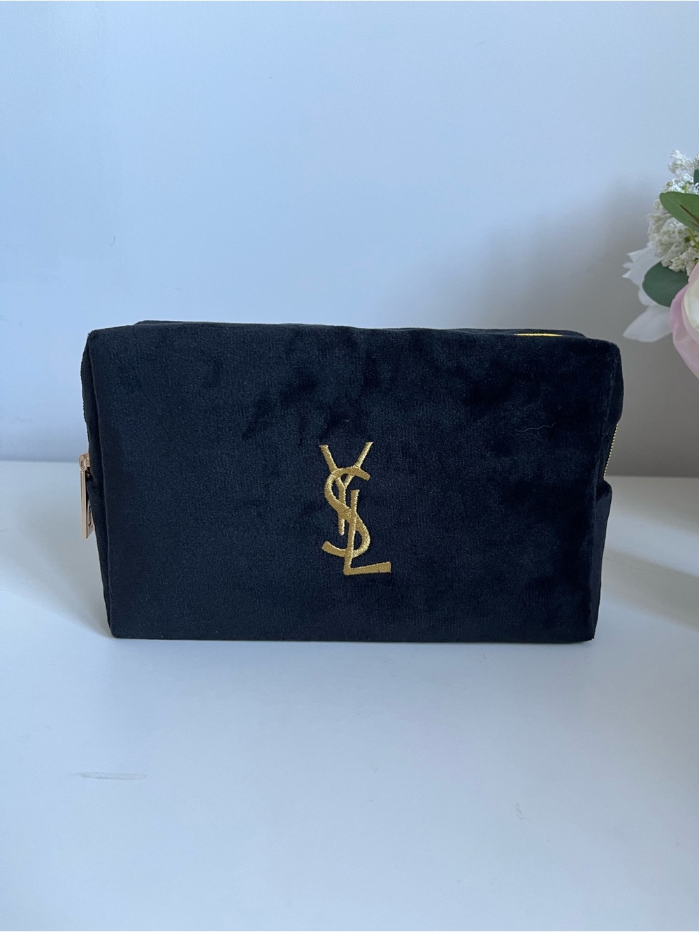 New Saint Laurent Black Velvet Pouch with Gold YSL Emblem